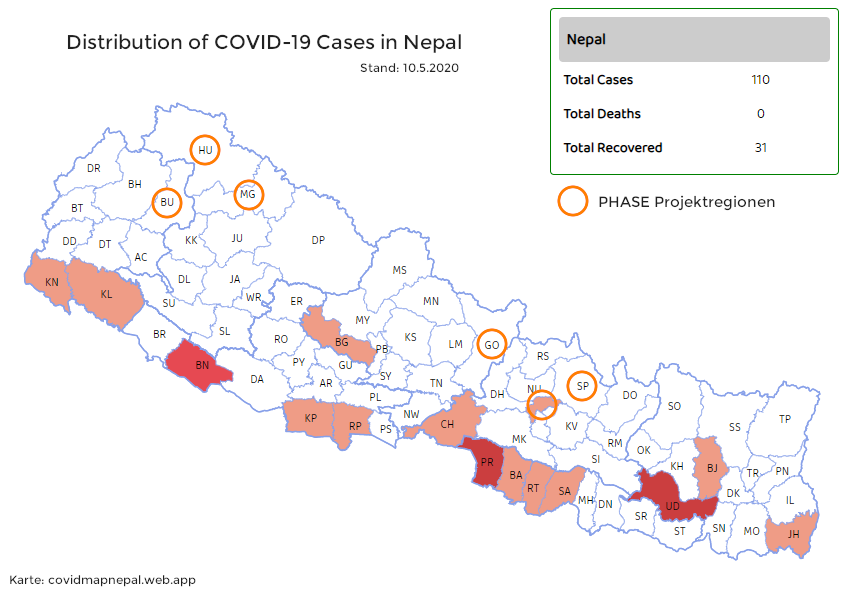 Verteilung der COVID-19-Fälle in Nepal - Stand 10.5.2020